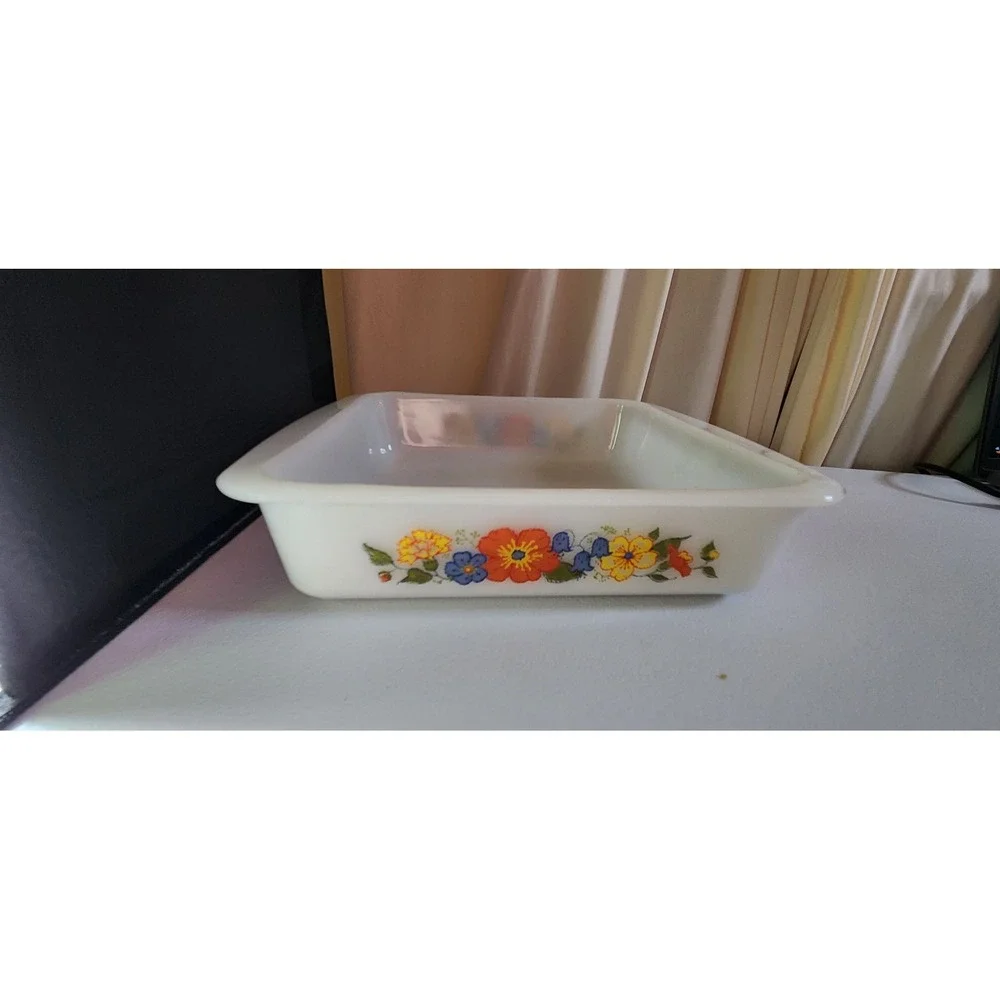 Vintage Glasbake Milk Glass Casserole Dish Square Floral Pattern White Multi